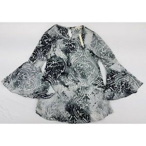 Lily Black Floral Long Bell Sleeves Black White Blouse‎ Top Size S NEW B10